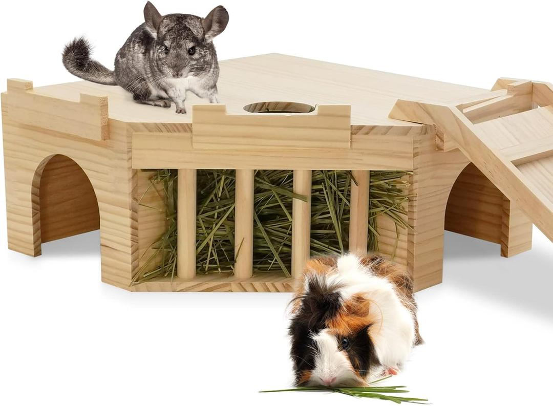 Fhiny Guinea Pig Wooden Castle with Hay Holder, Ventilated Chinchilla Hideout with Feeding Bowl Ladder, Small Animal Multi Chamber Hideaway for Young Guinea Pigs Chinchillas Hedgehogs