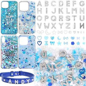 330 Pcs Blue Junk Phone Case Charms 26 Pcs A-Z Rhinestone Alphabet Letter Charms, Mix Flower Bow Heart Pearls Flatback Resin Charms Letter Junk Cases Kit for DIY Crafts (Set-8)