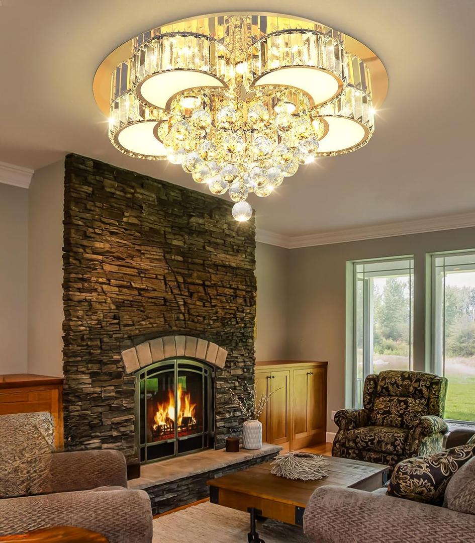 23.6'' Gold Modern Crystal Chandeliers for Dining Room LED Dimmable Light Fixtures Flush Mount Light Living Room Bedrooms