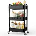 LEHOM 3 Tier Rolling Storage Cart, Metal Trolley Utility Cart with Wheels & Hooks, Easy Assembly Organizer Storage Cart for Bathroom Kitchen Office Bedroom (Black)