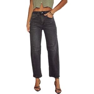 cffvdiz Women's Casual Baggy Mid Rise Barrel Jeans Boyfriend Ankle Denim Pants (Black) XS