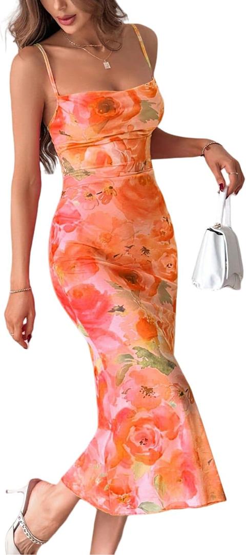 LIGHT DOT Women's Floral Midi Mesh Dress Spaghetti Strap Bodycon Ruched Long Cocktail Dress (Orange) S