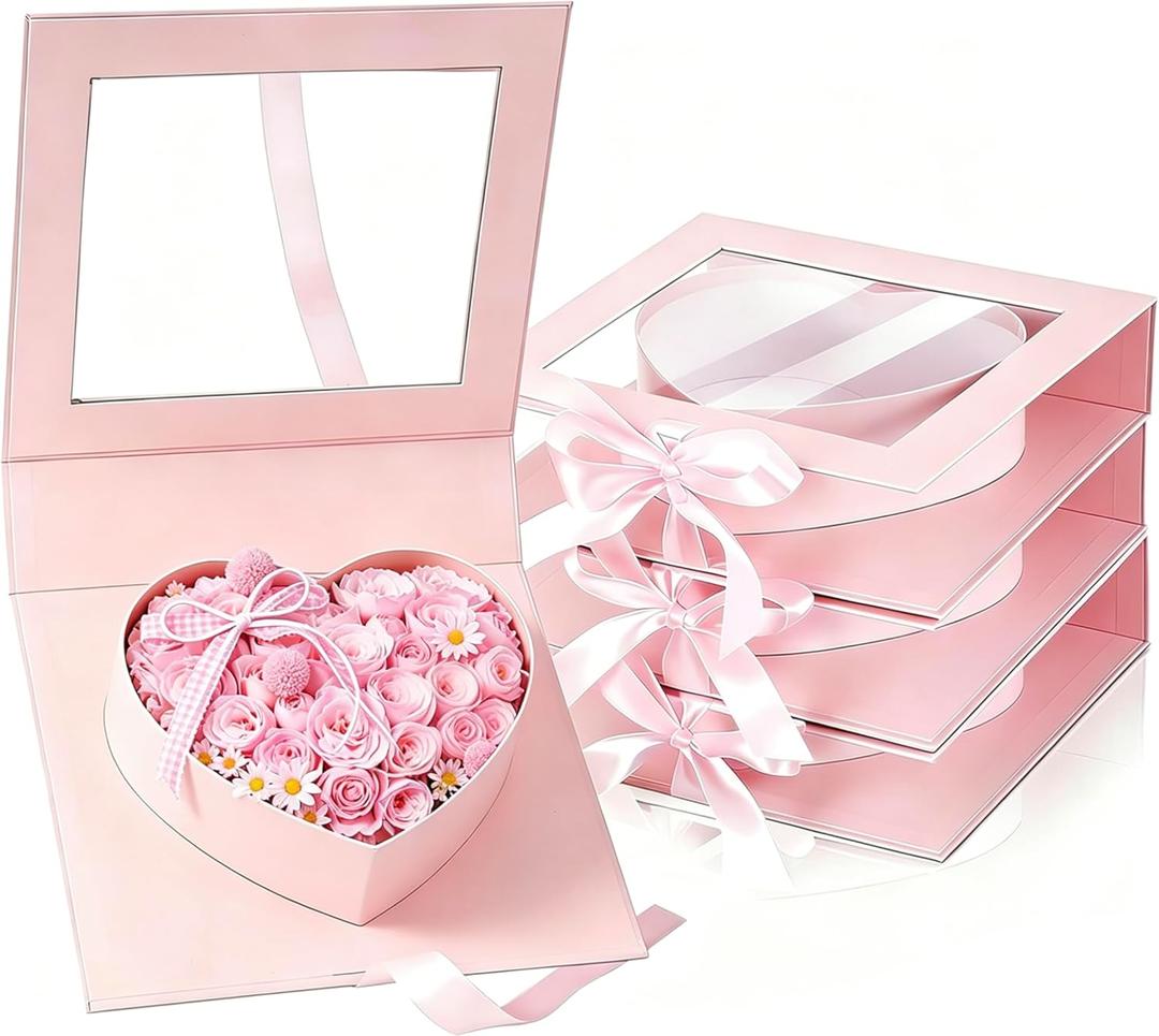FYSUIMU 4Pcs Mother' s Day Heart Shaped Flower Gift Box Treat Fillable Gift Pink 3D Floral Paper Packaging Box with Window Lids and Ribbon for Wedding Birthday Party Love Favors Supplies