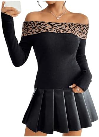 MakeMeChic Women's Off The Shoulder Sweater Leopard Print Long Sleeve Knitted Cheetah Print Top.S