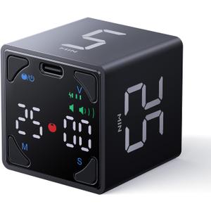 Ticktime Pomodoro Timer Cube, with 25/5 Auto Cycles, 5/25/30/60 Min Presets, Custom Timer, Stopwatch, Magnetic, Rechargeable, Silent, Vibrate & Sound, for Task, ADHD, Study, Work, Meeting, Black