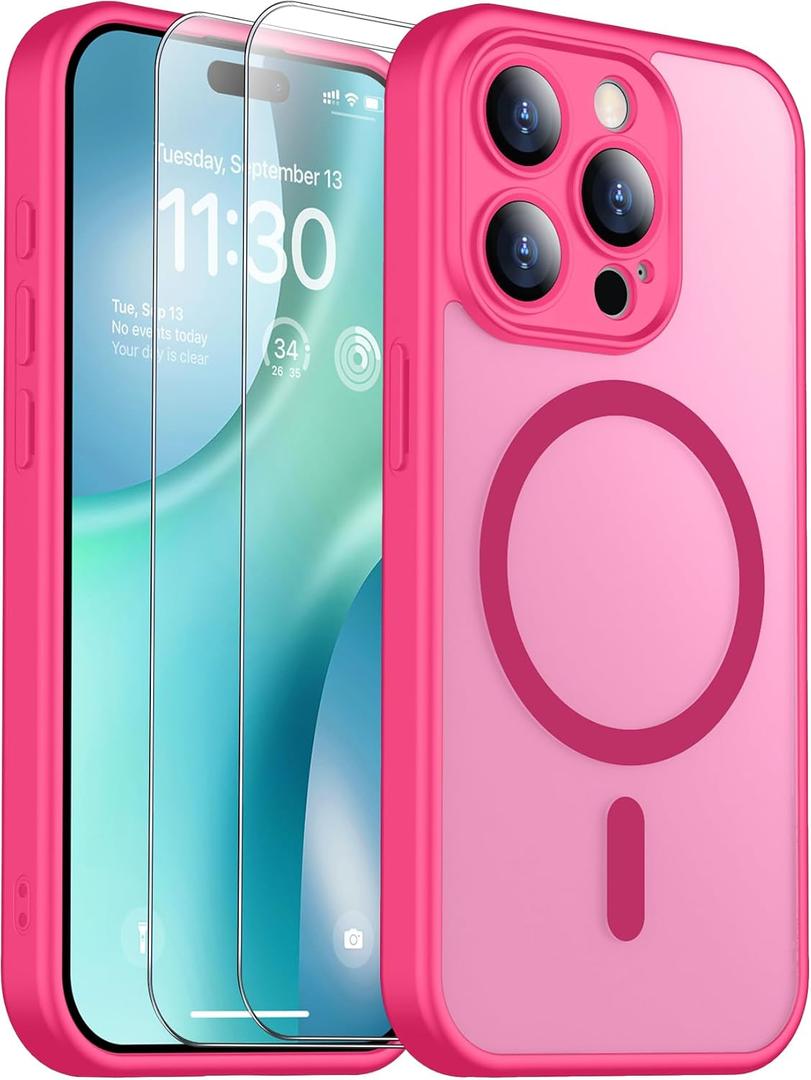 SPIDERCASE for iPhone 15 Pro Max Case, Magnetic Translucent Matte Case with 2PCS Tempered Glass Screen Protector Slim Phone Case for iPhone 15 Pro Max 6.7'', Hot Pink