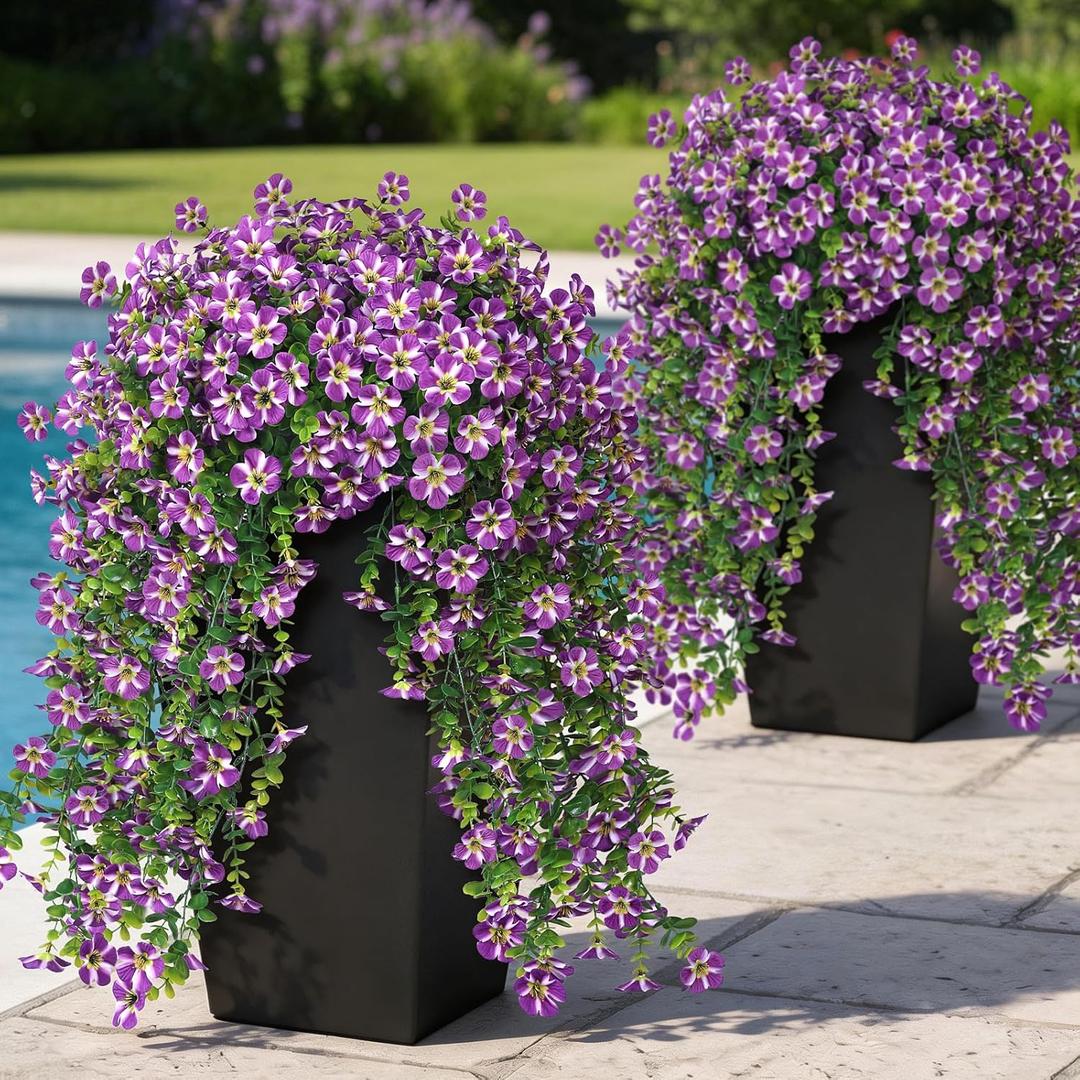 VIERENA 4 Bundles Artificial Hanging Morning Glory Flowers for Outdoor, Realistic Hanging Flowers Silk Fake Morning Glory with Faux Eucalyptus for Yard Garden Porch Patio Balcony Home Decor (Purple)