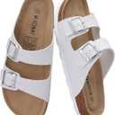 KIDMI Unisex Summer Sandals Arch Support Cork Footbed Slide Sandals with Double Adjustable Buckle for Women Men (7.5 Women/6 Men, White)
