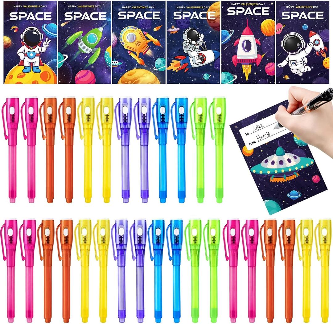 24 Pack Valentines Day Gifts for Kids, Invisible Ink Pen with UV Light and Space Astronaut Valentines Cards Bulk Spy Pen for Kids Boys Girls Classroom Exchange Prizes Party Favors Toys