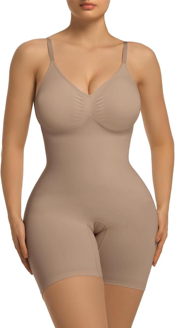 SHAPERX Women's Bra Free Bodysuits Tummy Control Shapewear Mid Thigh Body Shaper with Removable Pads, SZ5468-Sienna-S/ M