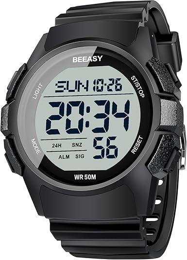 Beeasy Mens Digital Sports Watch, 50M Waterproof 49mm Rubber Strap Mens Watche