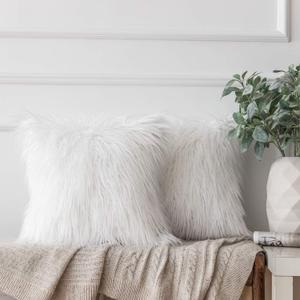 Ashler HOME DECO Pack of 2 Decorative Luxury Style White Faux Fur Throw Pillow Case Cushion Cover 18 x 18 Inches 45 x 45 cm