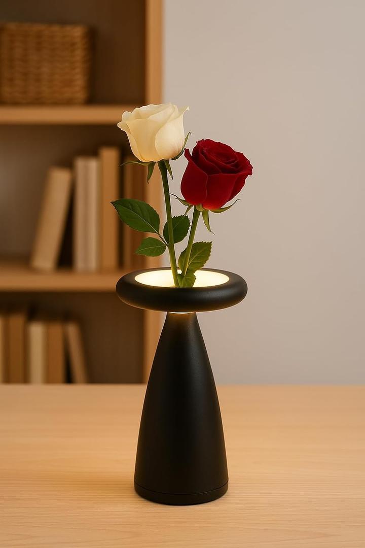 ASTRATERRA Florastone Bloom Table Lamp, 2-in-1 Flower Vase, Black | USB-C Rechargeable, Soft Ambient Night Light, For Bedroom, Nightstand & Office, Touch Sensor