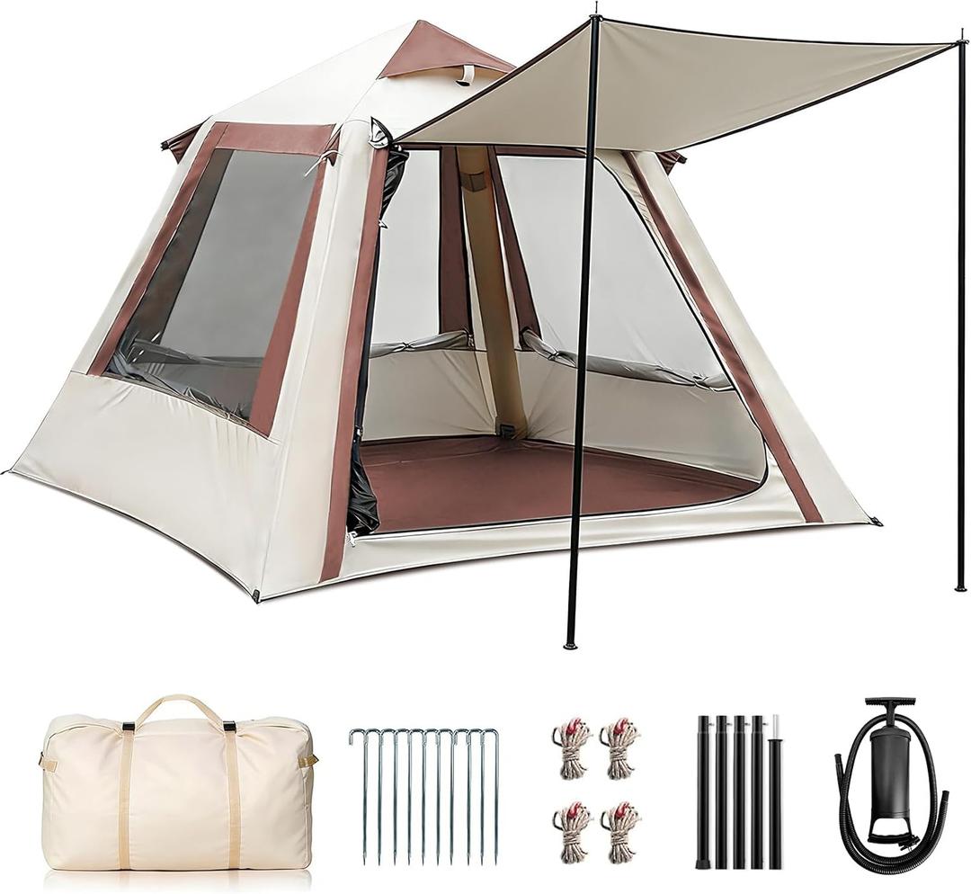 Inflatable Tents for Camping, Easy Setup Inflatable Tent with Canopy, Large Glamping Tent with Pump,Waterproof Oxford 4 Season Air Tent with Skylight Mesh Windows for 2-4 Person, 6.6 x 6.6 x 4.6ft