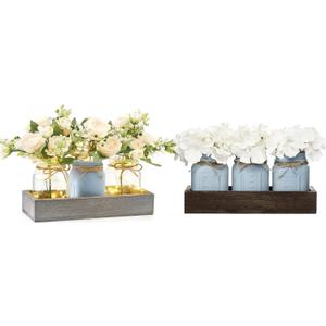Mkono Mason Jar Coffee Table Decorations Farmhouse Wood Tray with 3 Jars Flowers Fall Table Centerpieces Decor for Kitchen Living Dining Room, Blue