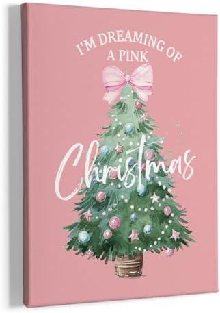 HIWX Pink Bow Christmas Wall Decor - Framed Canvas Painting Wall Art, Pink Christmas Xmas Wall Art Home Decoration For Kids Girls Baby Room Bedroom 11x14