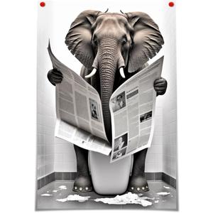 YODOOLTLY Funny Elephant Bathroom Canvas Wall Art Elephant Reading Newspapers on Toilet Pictures Poster Prints Black and White Maximalist Mid Century Modern Aesthetic wall decor 12x16in Unframed (12L" x 16W")