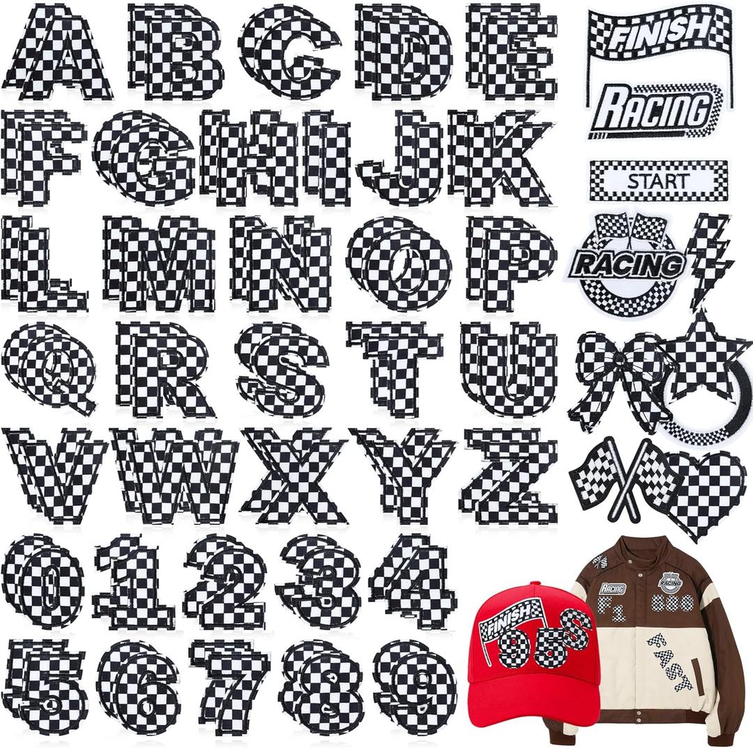 Meneng Letters and Numbers Patches for Racing: 82 Pcs Iron On Checkered Letters with Car Patches - Embroidered Flag Lightning Patch for Jacket Hat Customization