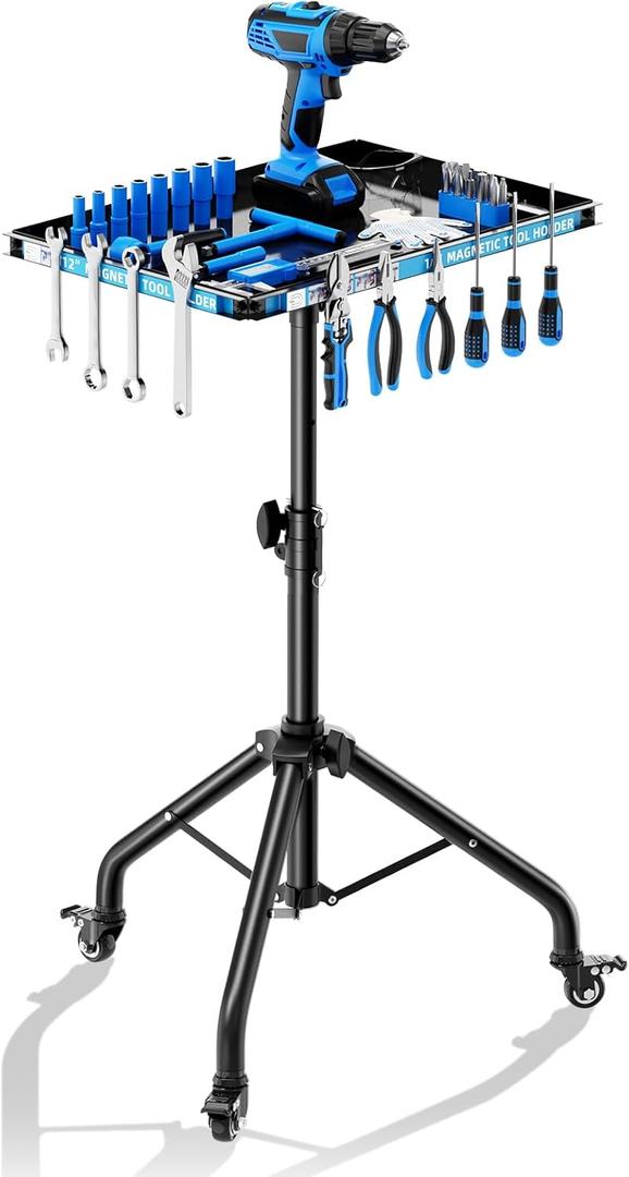 Small Rolling Tool Cart Adjustable Height with Magnetic Strip, Portable Work Table with Wheels, Folding Work Table for Garage Rolling Tool Tray Mobile Workbench for Bike Workshop