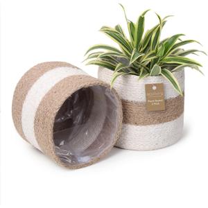 Jute Planter Basket -Sustainable Woven Rope Covers for Decorating Indoor/Outdoor Plants Pots 6.5x6.5x6 Inches Ideal Size for 6" Planter-Multi-Purpose Storage Set of 2 White & Natural Jute