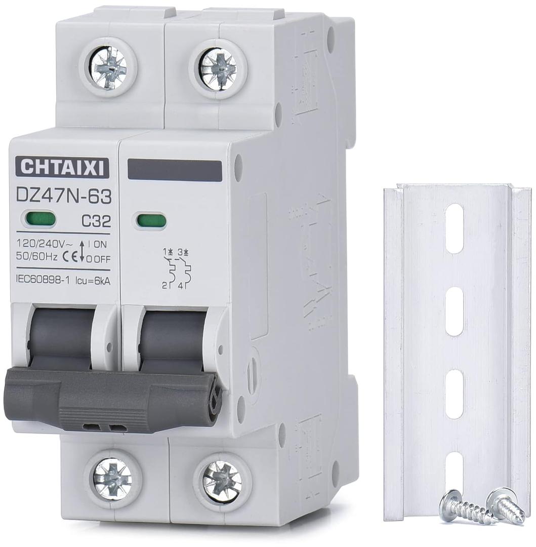 AC Miniature Circuit Breaker, 32 Amp 120V/240V 2 Pole DIN Rail Mount Circuit Breaker, Thermal Magnetic Trip, Solar AC Disconnect Switch MCB C32