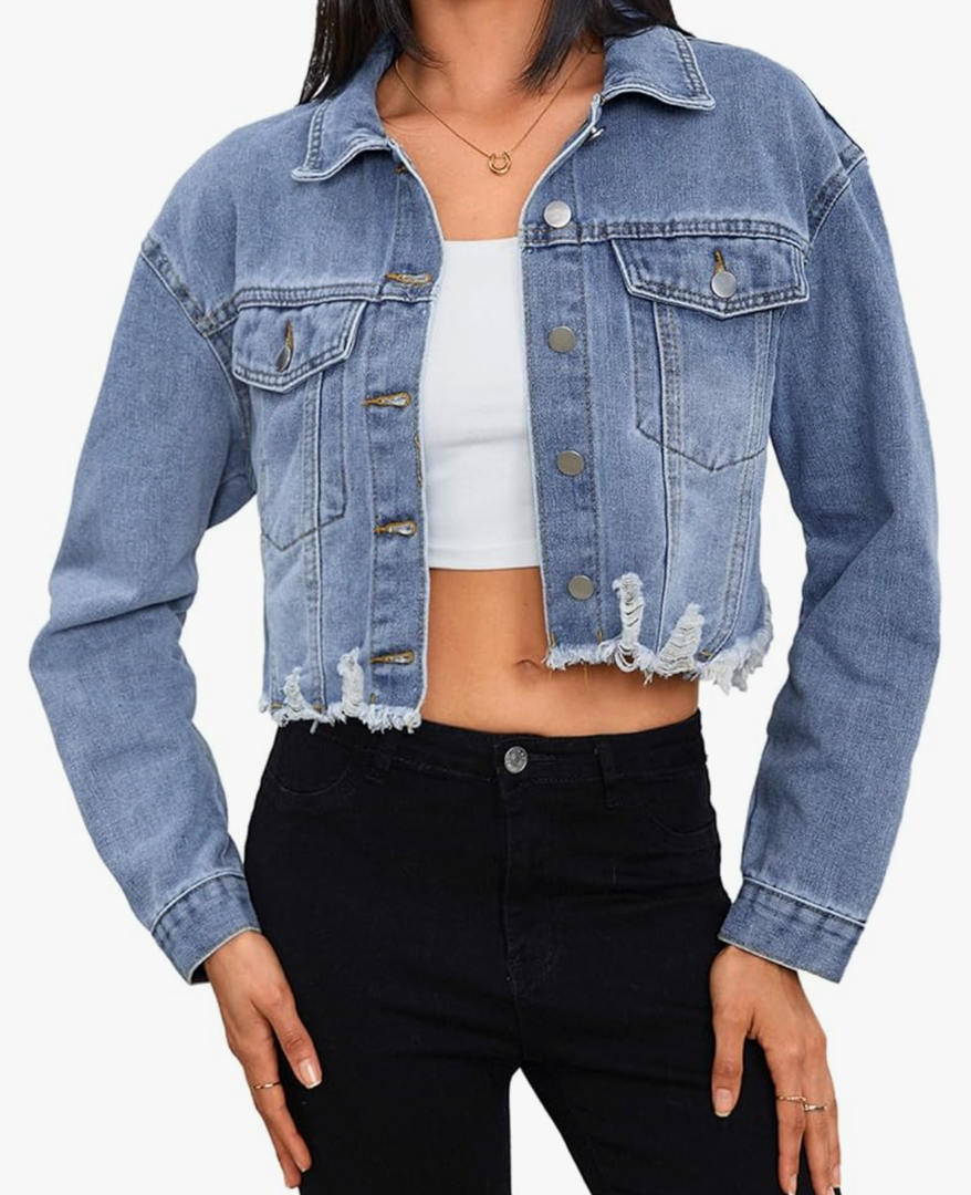 Women's Crop Denim Jacket Casual Long Sleeve Ripped Frayed Hem Jean Jackets M