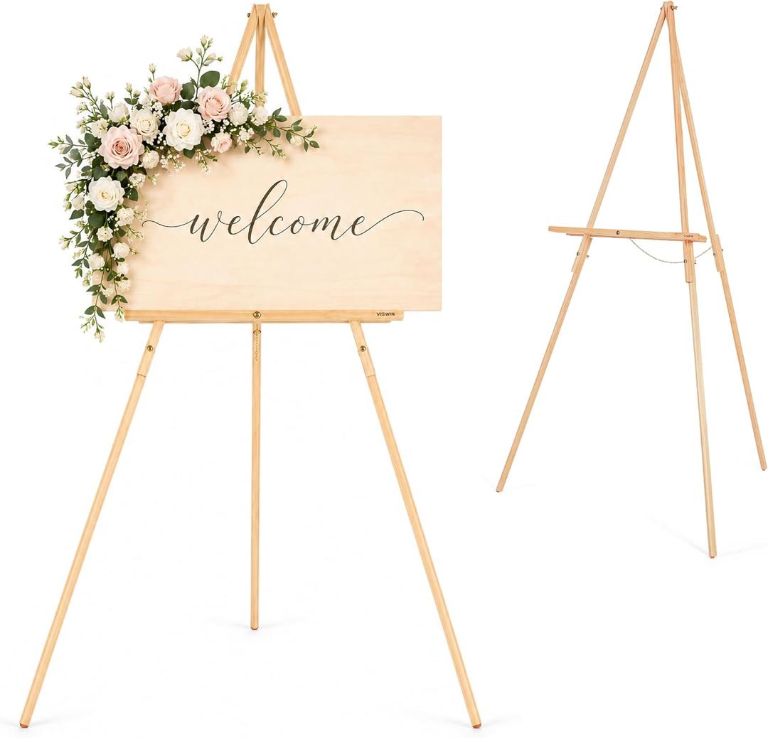 63" Easel Stand for Wedding Signs, Adjustable Wooden Display Easel with Holder, Tripod Floor Easel for Welcome Board, Poster, Picture, Photos, Paintings - Natural, 1 PCS