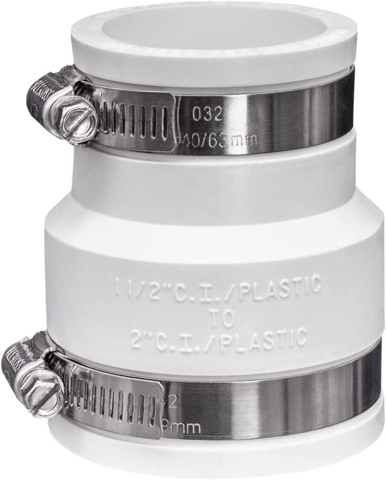 Fernco 1056-215 Reducing 2-in. x 1-1/2-in. Flexible PVC Pipe Coupling for Cast Iron and Plastic Plumbing Connections in White