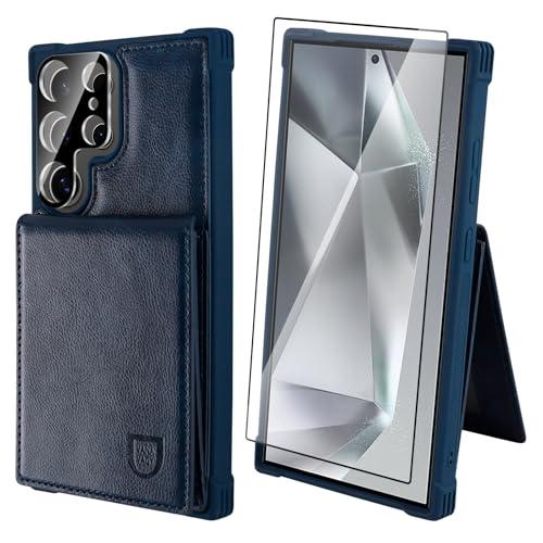 VANAVAGY Compatible for Galaxy S24 Ultra Wallet Case with Credit Card Holder, PU Leather Magnetic Clasp Flip Phone Case with Coin Pocket Screen Protector for Women Men,Navy Blue