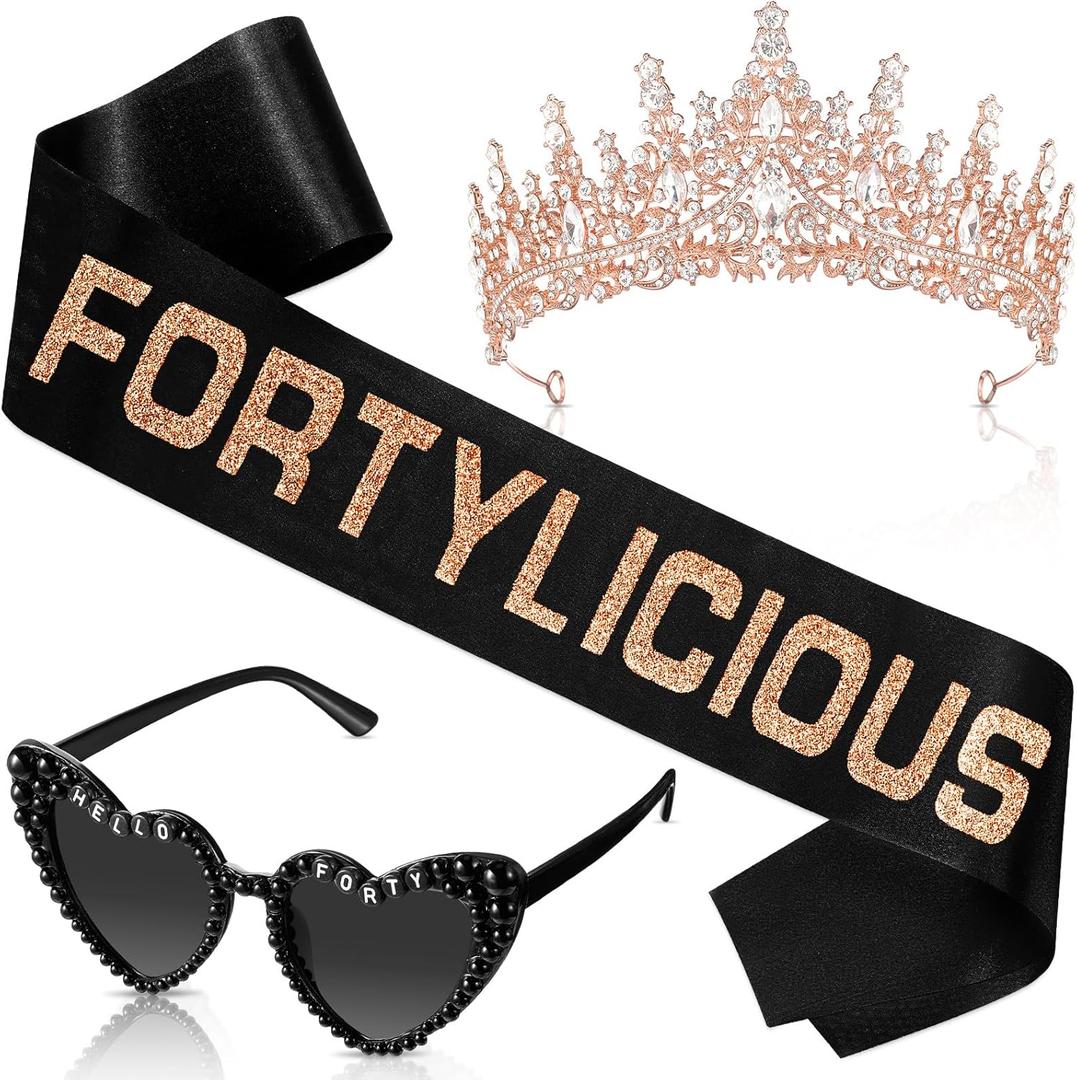 Daifunli 3 Pcs 40th Birthday Decorations for Women Men,  Birthday Crown Sash Sunglasses