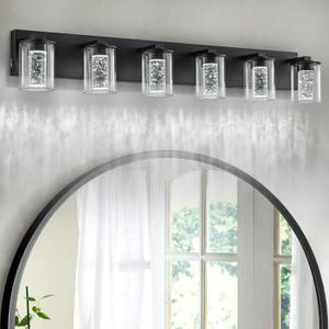 SineRise Black Vanity Light (6-Light, 40-Inch), (3000K/4000K/6000K, Dimmable), Eye Protection LED Bathroom Light Fixture, Modern Wall Light Over Mirror with Clear Glass Shade
