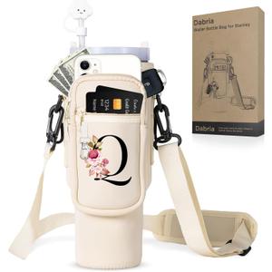 dabria Initial A-Z Water Bottle Bag with Phone Pocket for Stanley 40 oz Tumbler Neoprene Water Bottle Holder Pouch with Adjustable Strap Bollus with Straw Cover & Carabiner for Stanley Cup Accessories (Cream)