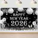 Avezano Disco New Years Decorations Happy New Year 2026 Banner 6 x 3.6 ft Black Silver Eve Backdrop for Holiday Party Supplies