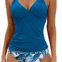 B2prity Halter Tankini Swimsuit for Women Tummy Control Two Piece Bathing Suit V Neck Swimwear with Shorts (Large, Peacock Blue, Print-1)