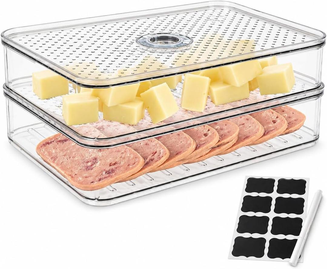 2 Layers Cheese Lunch Meat Storage Container for Fridge,Deli Food Storage Container with Lids,Refrigerator Organizers and Storage for Cheese,Cold Cuts, Bacon,Ham,Sandwich Meat Keeper