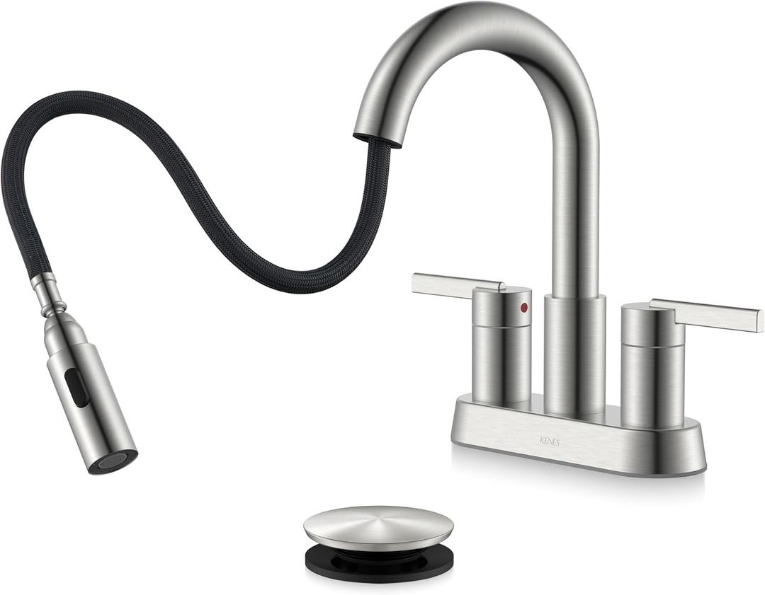 KENES Brushed Nickel Pull Down Bathroom Faucet, 4 Inch 2 Handle Centerset Bathroom Faucet 3 Hole with Pull Out Sprayer, Bathroom Sink Faucet with Pop Up Drain & Supply Lines LJ-9069