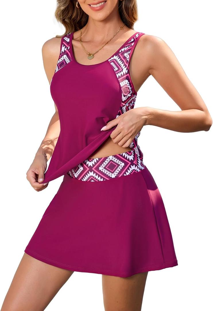 Two Piece Tankini Swimsuits for Women Printed Block Tankini Top with Swim Skirt Tummy Control Bathing Suit (Medium, Printed Deep Red)