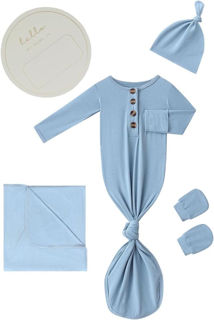 Newborn Baby Swaddle Blanket Set with Baby Knotted Gown, Mittens, Hat - Bamboo Viscose Receiving Blanket Bundle (Dusty Blue) Newborn Baby Swaddle Blanket Set with Baby Knotted Gown, Mittens, Hat - Bamboo Viscose Receiving Blanket Bundle (Dusty Blue)