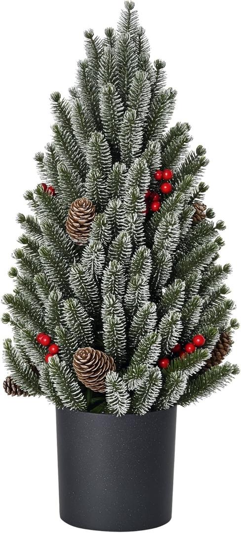 HOMCOM 18" Tall Unlit Miniature Snow-Flocked Tabletop Artificial Christmas Tree, Holiday Decoration with Pine Cones and Berries (1ft 7in, Green)