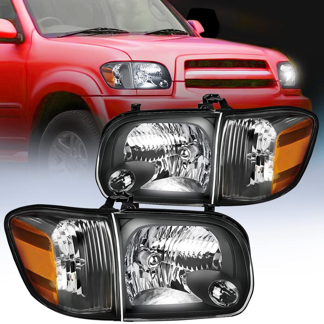 Nilight Headlight Assembly for 2005 2006 Toyota Tundra 4 Door Double Crew Cab 2005 2006 2007 Sequoia Pickup Replacement Black Housing Amber Reflector Driver and Passenger Side