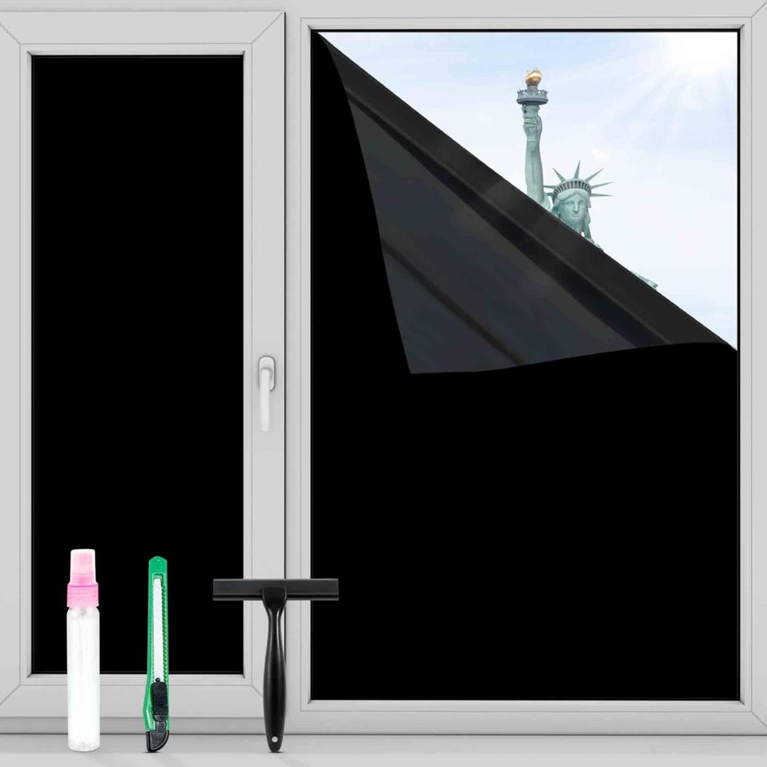 FuFin Total Blackout Window Privacy Film with Free Installation Tools, Explosion-Proof PET Material, Blocks 100% of UV and Light Rays.Heat Control Room Darkening Window Cover(Total Black 23.6"×196.9")