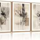 FWIEXA Black Beige Floral Canvas Wall Art Set 3, Neutral Abstract Framed Prints, Brushstroke Geometry Line Paintings, 16x24In Watercolor Ink Artwork Poster for Farmhouse, Living Room, Bedroom, Office