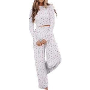 Ezbelle womenss Fall Fashion Lounge Sets Pajama Two Piece Cropped Pullover Jammies Outfits Casual Loungewear (Medium, White Pink)