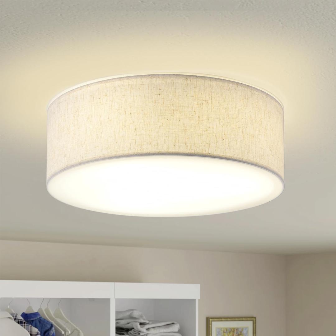 3-Light Ceiling Light Fixture, 13" Drum Flush Mount Ceiling Light, Modern Close to Ceiling Lights with Fabric Linen Shade Farmhouse Flush Mount Light for Bedroom Hallway Kitchen Dining Living Room