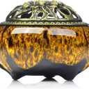 Incense Burner with Calabash Incense Stick Holder - Porcelain Charcoal Censer for Use with Resin Granular Powder Cone or Coil Incense (Kiln-Colored Yellow)