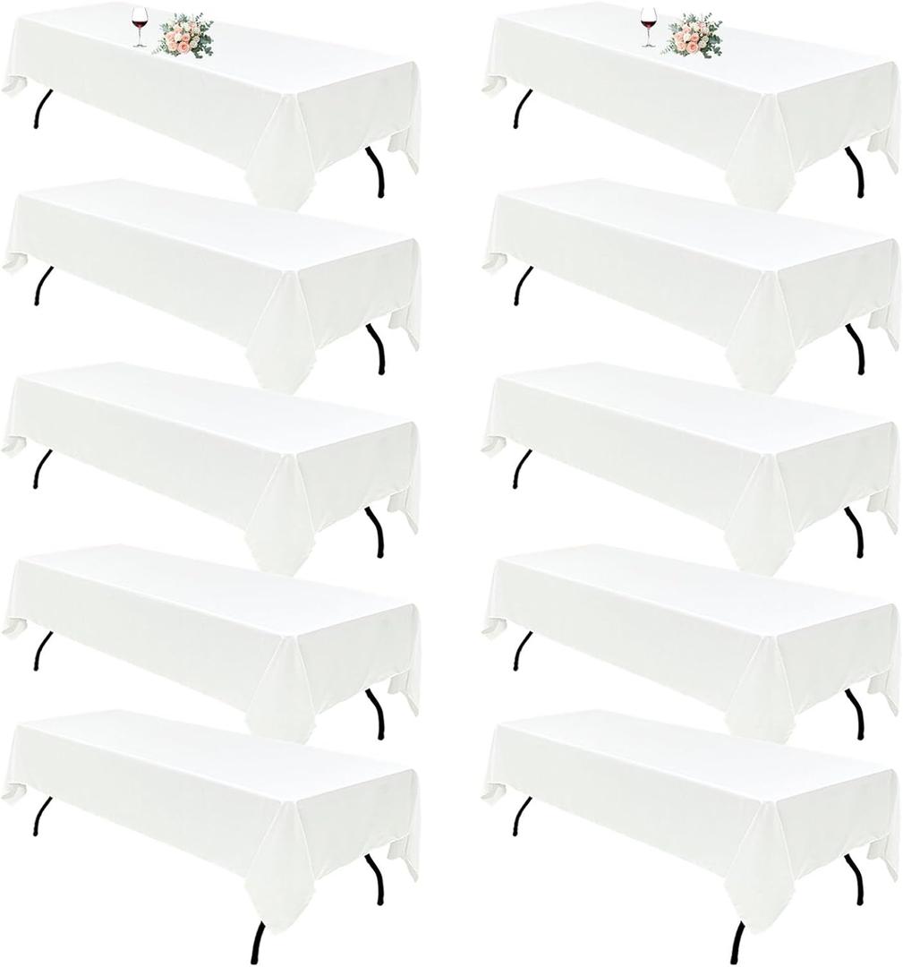 10Pack White Table Cloths for 8 Foot Rectangle Tables 60 x 126 Inch, 8FT White Tablecloth Rectangle Bulk Linen Polyester Fabric Washable Cloth Cover for Wedding Reception Banquet Birthday Party