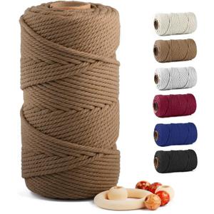 Macrame Cotton Cord 6mm x 109 Yards, ZUEXT 100% Natural Handmade Colorful 4 Strands Twisted Braided Cotton Rope for Wall Hanging Plant Hangers Gift Wrapping Tapestry DIY Crafts (100m, Caramel)