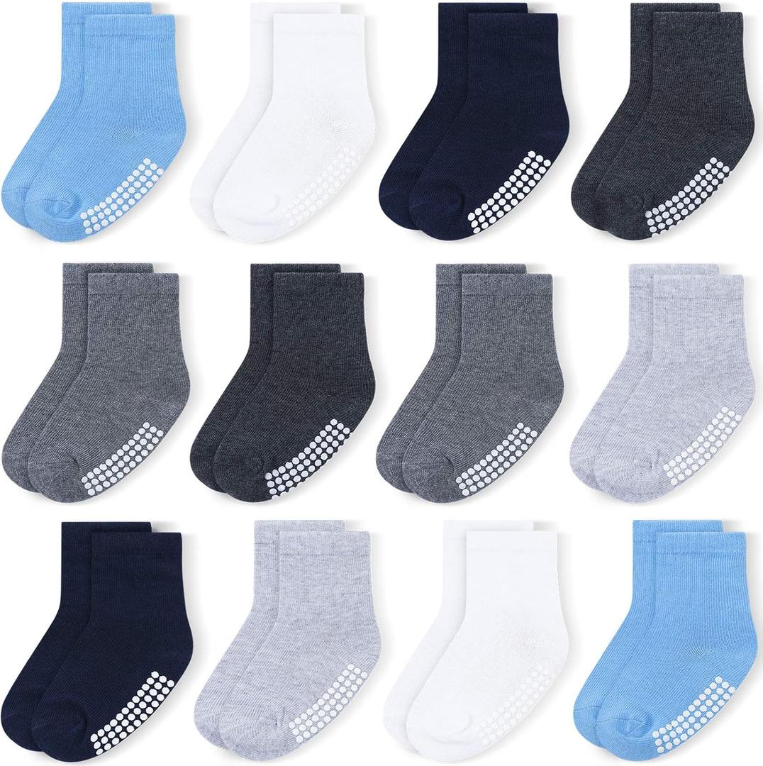 JAKIDAR 12 Pack Baby Toddler Socks Non Slip Grip Cotton Crew Socks for Boys Girls Infants Kids 4-7 M