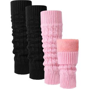 Shihanee 2 Pairs Winter Fleece Lined Leg Warmers for Women Warm Long Boot Socks Knit Thick Calf Warmers for Skating Walking (Black,Pink)
