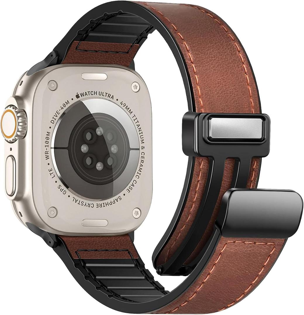 Magnetic Leather Bands Compatible with Apple Watch 49mm 46mm 45mm 44mm 42mm(S3/2/1) for Men Women, Genuine Leather with Magnetic Buckle for iWatch Ultra1/2/3 Series SE11/10/9/8/7/6/5/4/3/2/1 (A1 Dark Brown)